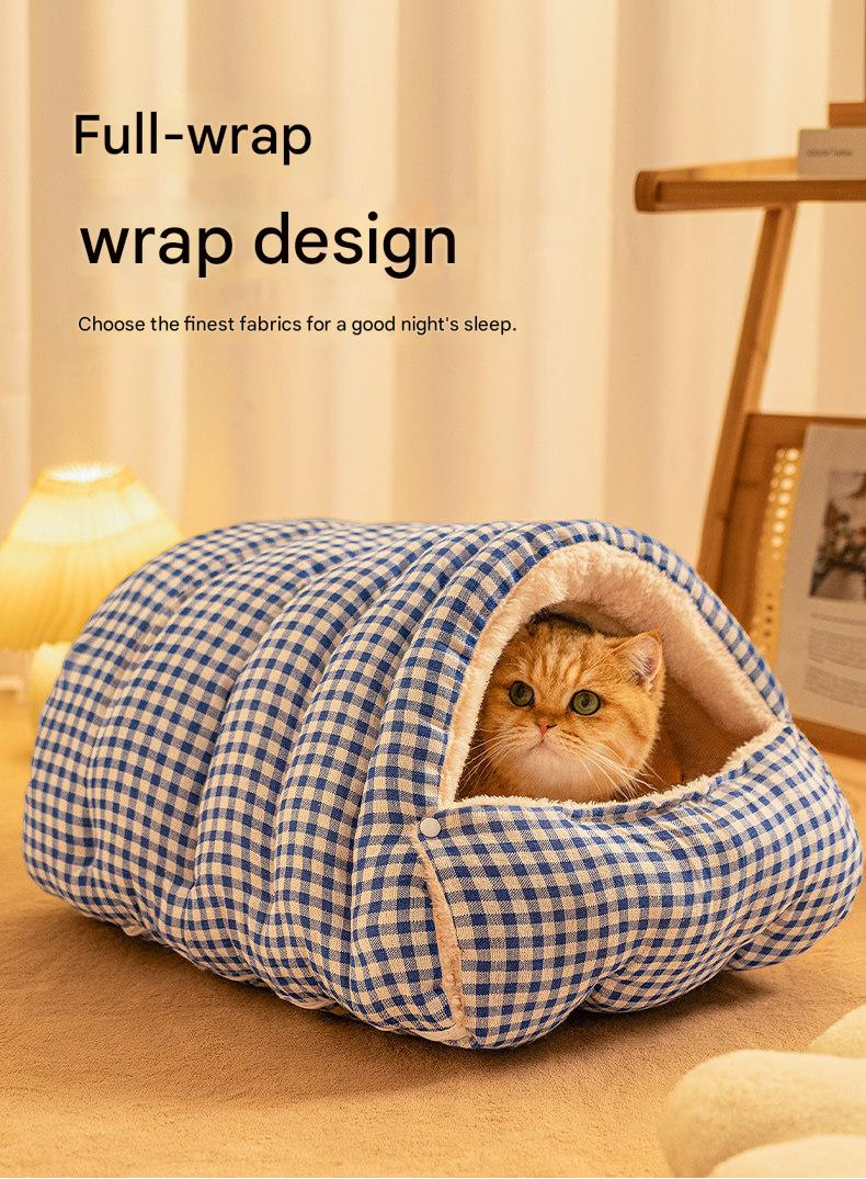 Pink Plaid Cat Cave Bed – Warm Enclosed Cat House, Cozy Semi-Enclosed Nest, PP Cotton Filling, Washable, Small Dog Bed – Size M