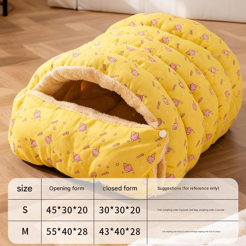 Yellow Plaid Cat Cave Bed – Warm Enclosed Cat House, Cozy Semi-Enclosed Nest, PP Cotton Filling, Washable, Small Dog Bed – Size S