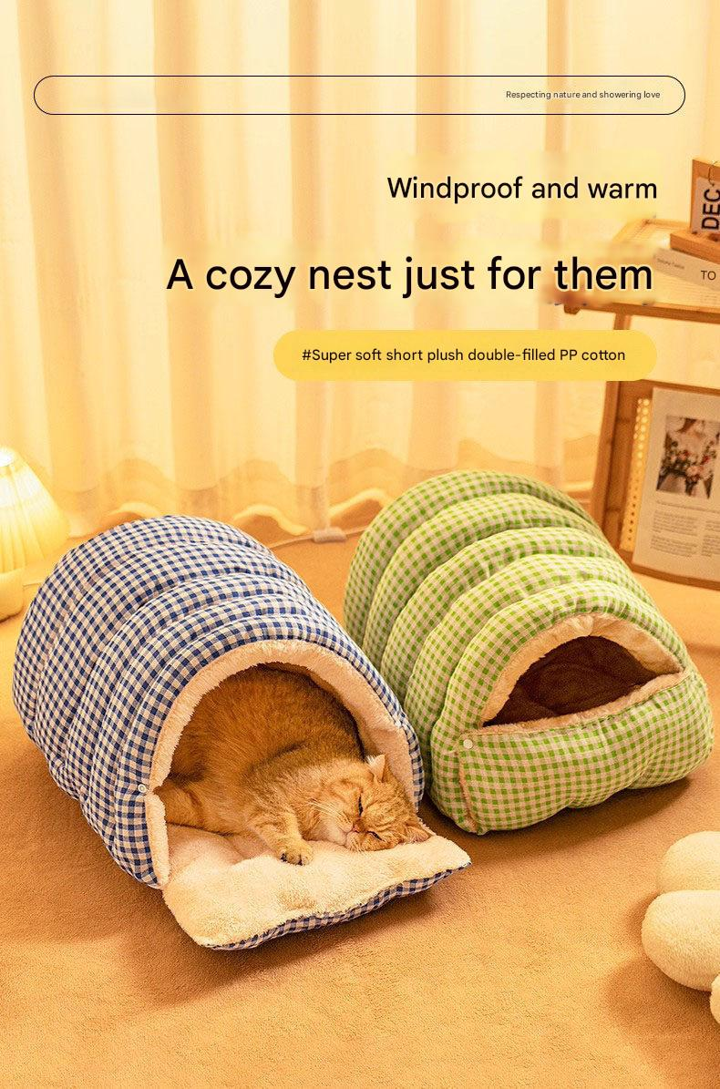 Yellow Plaid Cat Cave Bed – Warm Enclosed Cat House, Cozy Semi-Enclosed Nest, PP Cotton Filling, Washable, Small Dog Bed – Size S