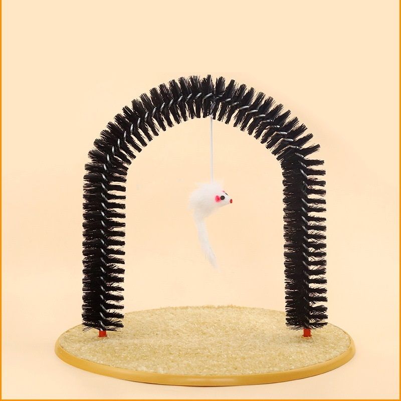 Arched Cat Grooming Brush & Scratcher with Hanging Mouse Toy – Self-Massage Arch, PVC Bristles, Plush Non-Slip Base for Cats