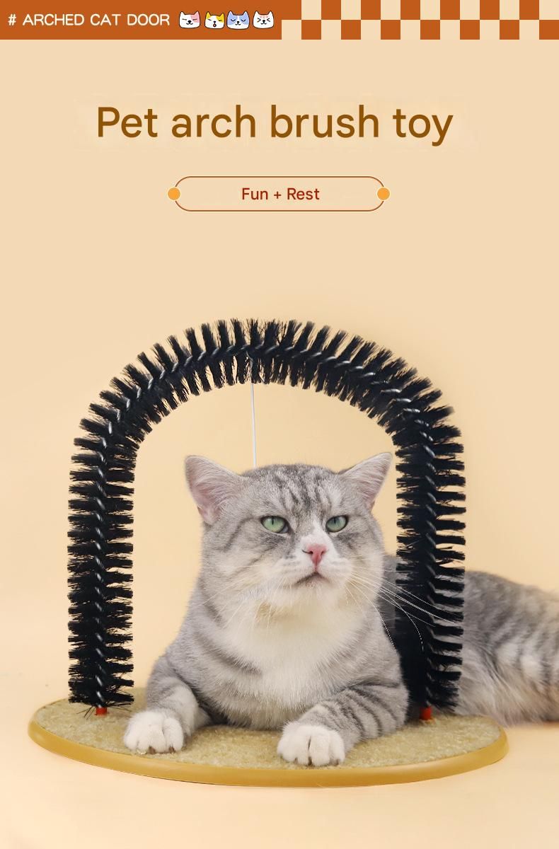 Arched Cat Grooming Brush & Scratcher with Hanging Mouse Toy – Self-Massage Arch, PVC Bristles, Plush Non-Slip Base for Cats