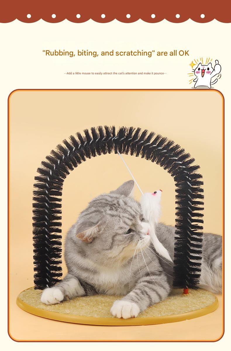 Arched Cat Grooming Brush & Scratcher with Hanging Mouse Toy – Self-Massage Arch, PVC Bristles, Plush Non-Slip Base for Cats