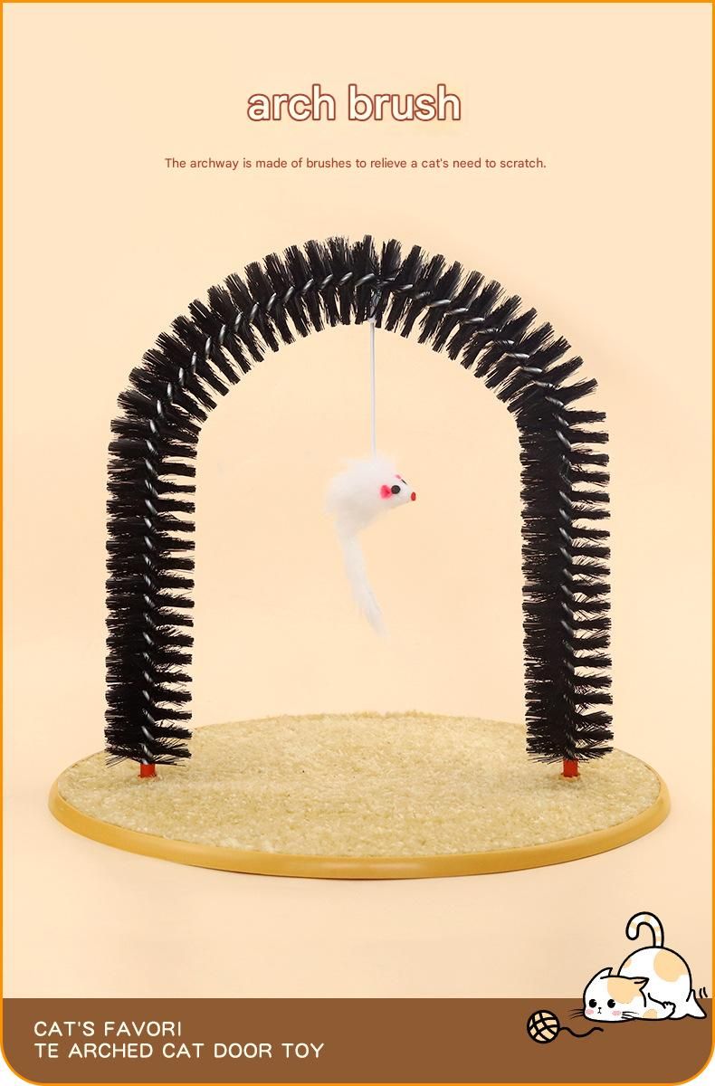 Arched Cat Grooming Brush & Scratcher with Hanging Mouse Toy – Self-Massage Arch, PVC Bristles, Plush Non-Slip Base for Cats