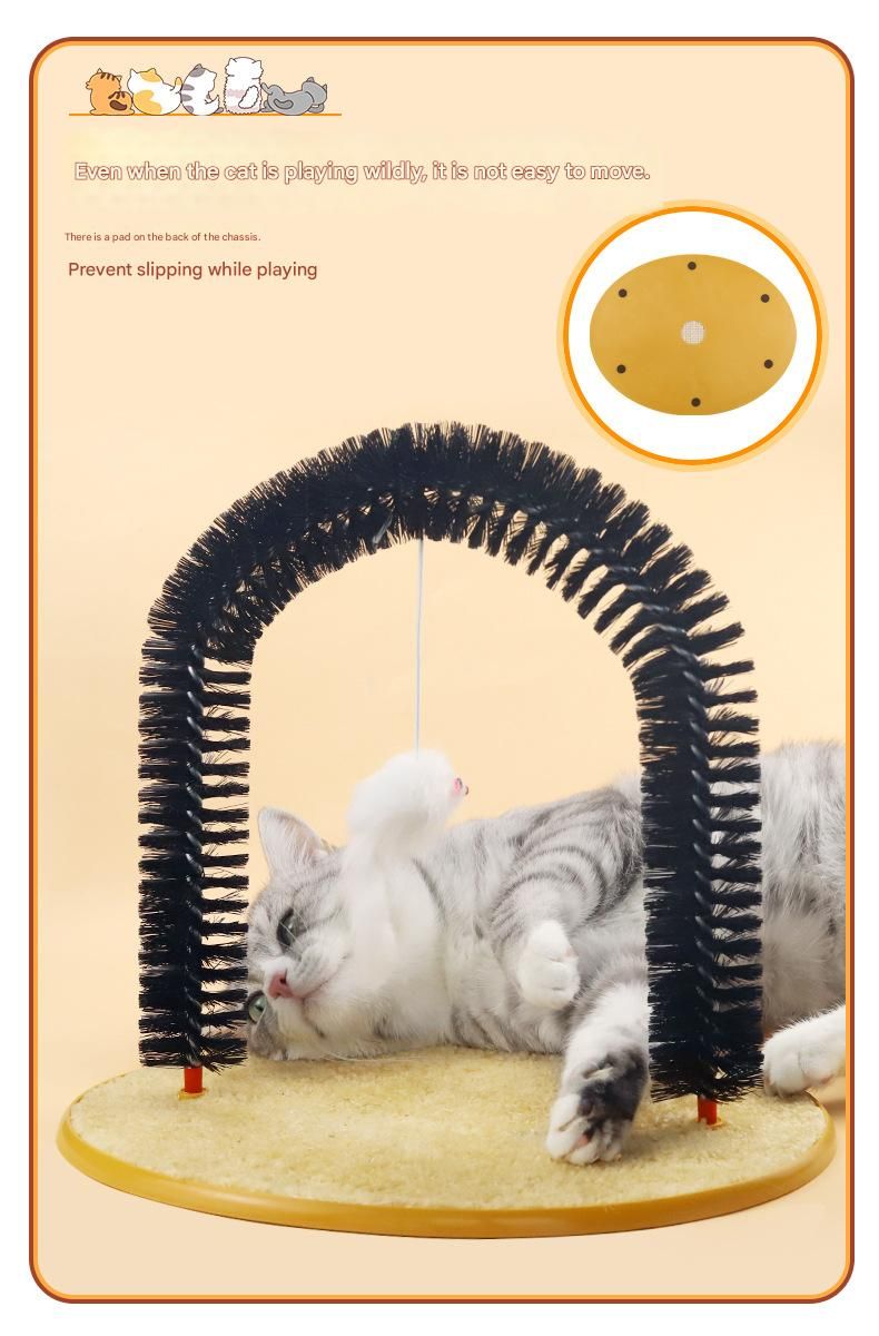 Arched Cat Grooming Brush & Scratcher with Hanging Mouse Toy – Self-Massage Arch, PVC Bristles, Plush Non-Slip Base for Cats