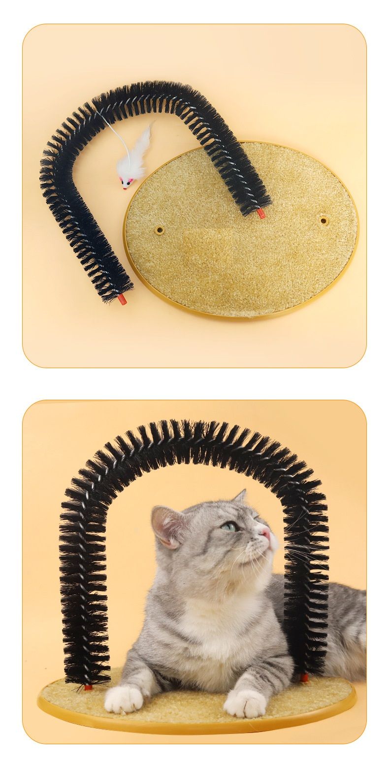Arched Cat Grooming Brush & Scratcher with Hanging Mouse Toy – Self-Massage Arch, PVC Bristles, Plush Non-Slip Base for Cats