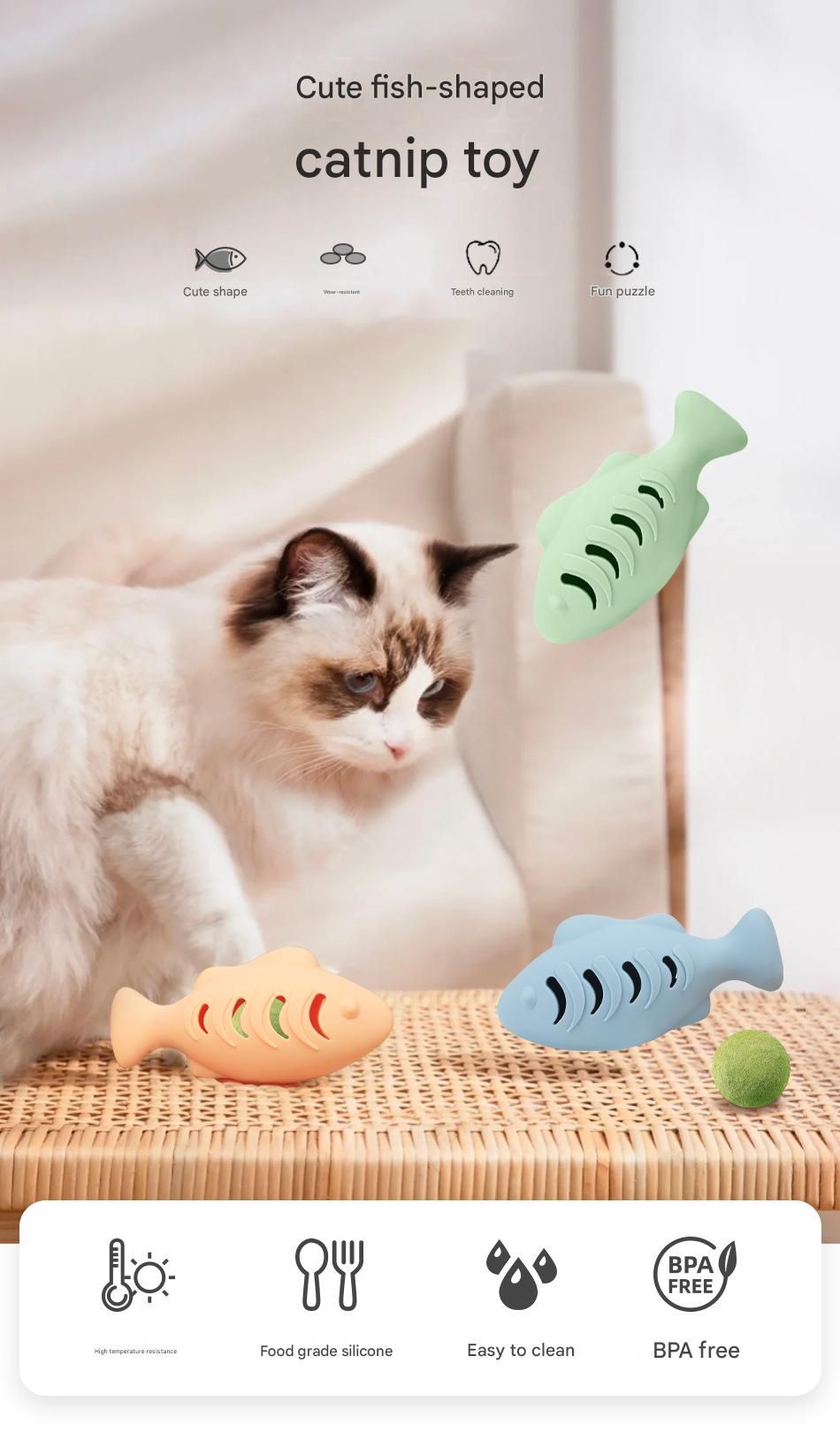 2-Piece Fish-Shaped Silicone Cat Toy with Catnip – Interactive Dental Care & Hairball Relief, BPA-Free Food-Grade