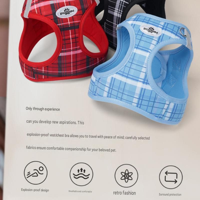 XS Size Blue Classic Plaid Dog Harness Set- Breathable Mesh Vest and Adjustable Collar,WIith 1.5m Lead for pet, Anti-Pull Design