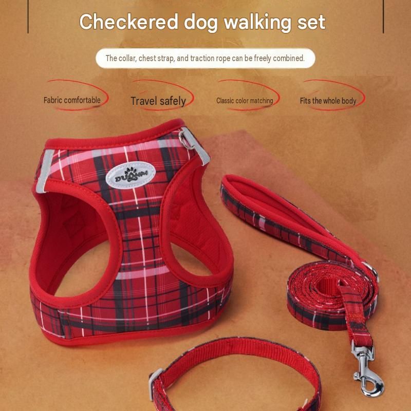 S Size Blue Classic Plaid Dog Harness Set- Breathable Mesh Vest and Adjustable Collar,WIith 1.5m Lead for pet, Anti-Pull Design