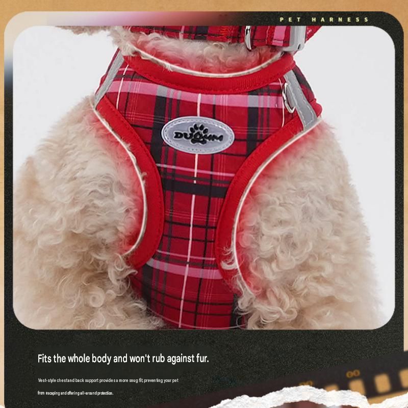 L Size Blue Classic Plaid Dog Harness Set- Breathable Mesh Vest and Adjustable Collar,WIith 1.5m Lead for pet, Anti-Pull Design