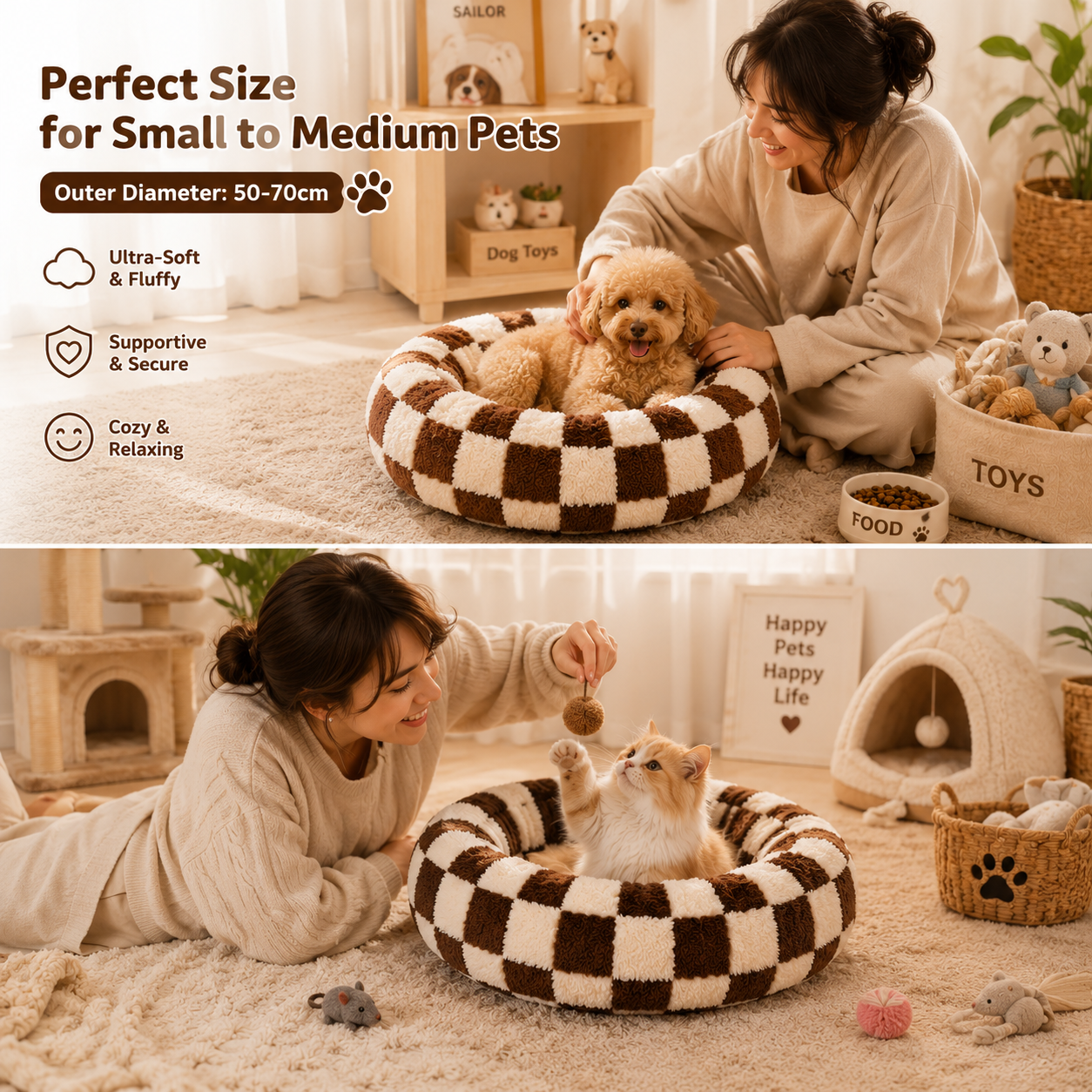 Coffee Plaid Plush Donut Pet Bed – Round Dog & Cat Bed with Raised Rim, Cozy Calming Cushion, Washable, 40cm