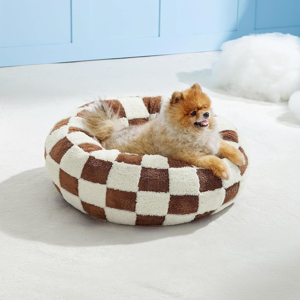 Coffee Plaid Plush Donut Pet Bed – Round Dog & Cat Bed with Raised Rim, Cozy Calming Cushion, Washable, 40cm