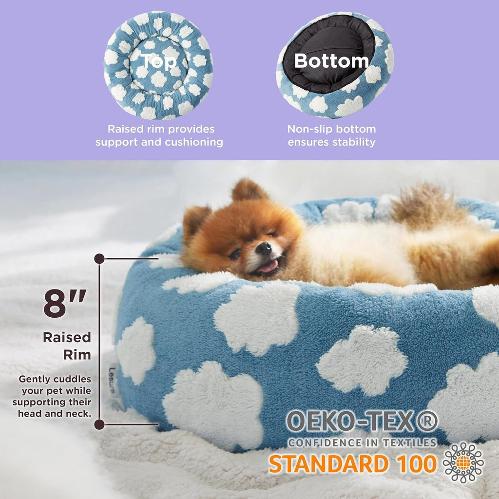 Coffee Plaid Plush Donut Pet Bed – Round Dog & Cat Bed with Raised Rim, Cozy Calming Cushion, Washable, 40cm