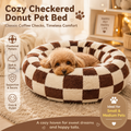 Coffee Plaid Plush Donut Pet Bed – Round Dog & Cat Bed with Raised Rim, Cozy Calming Cushion, Washable, 50cm