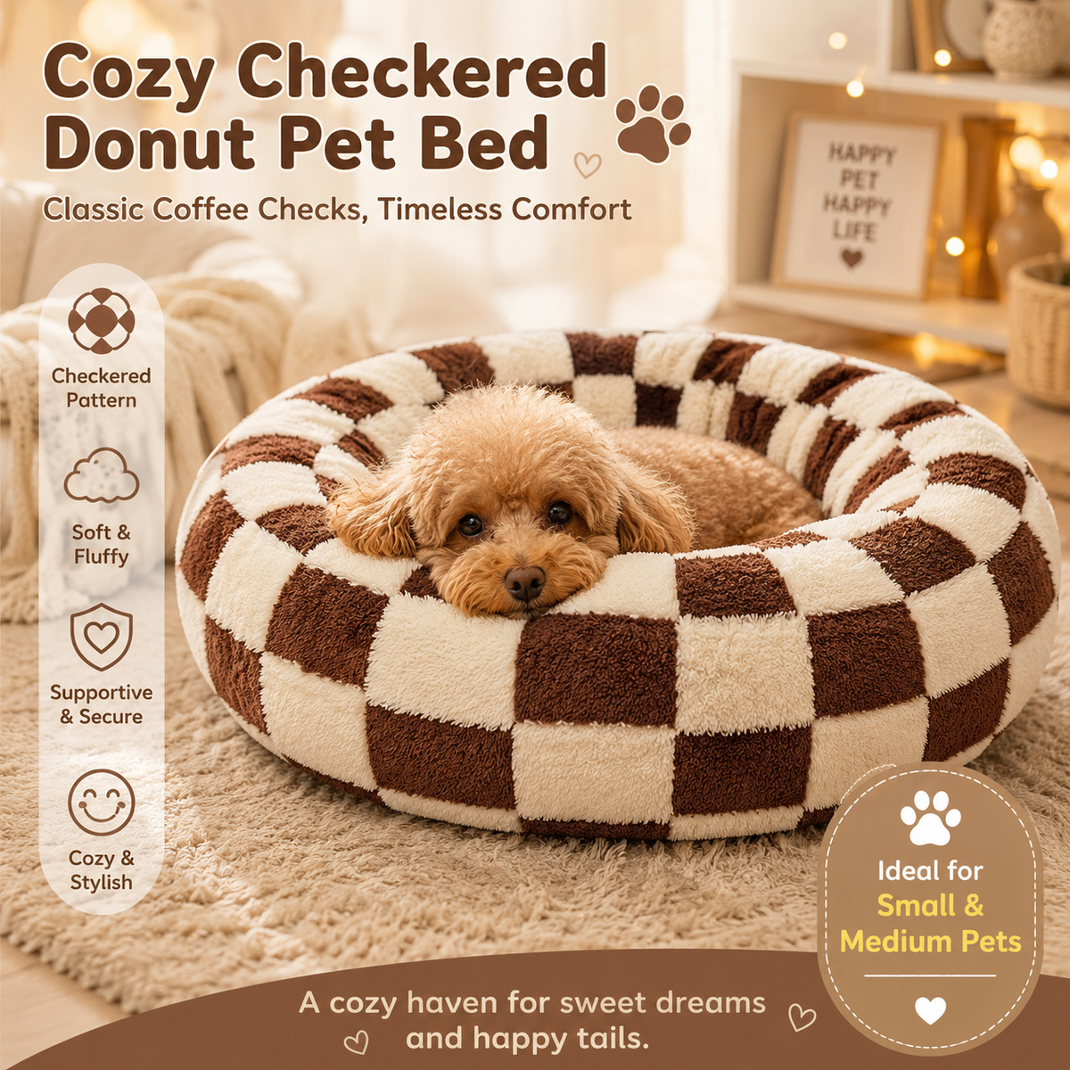 Coffee Plaid Plush Donut Pet Bed – Round Dog & Cat Bed with Raised Rim, Cozy Calming Cushion, Washable, 50cm