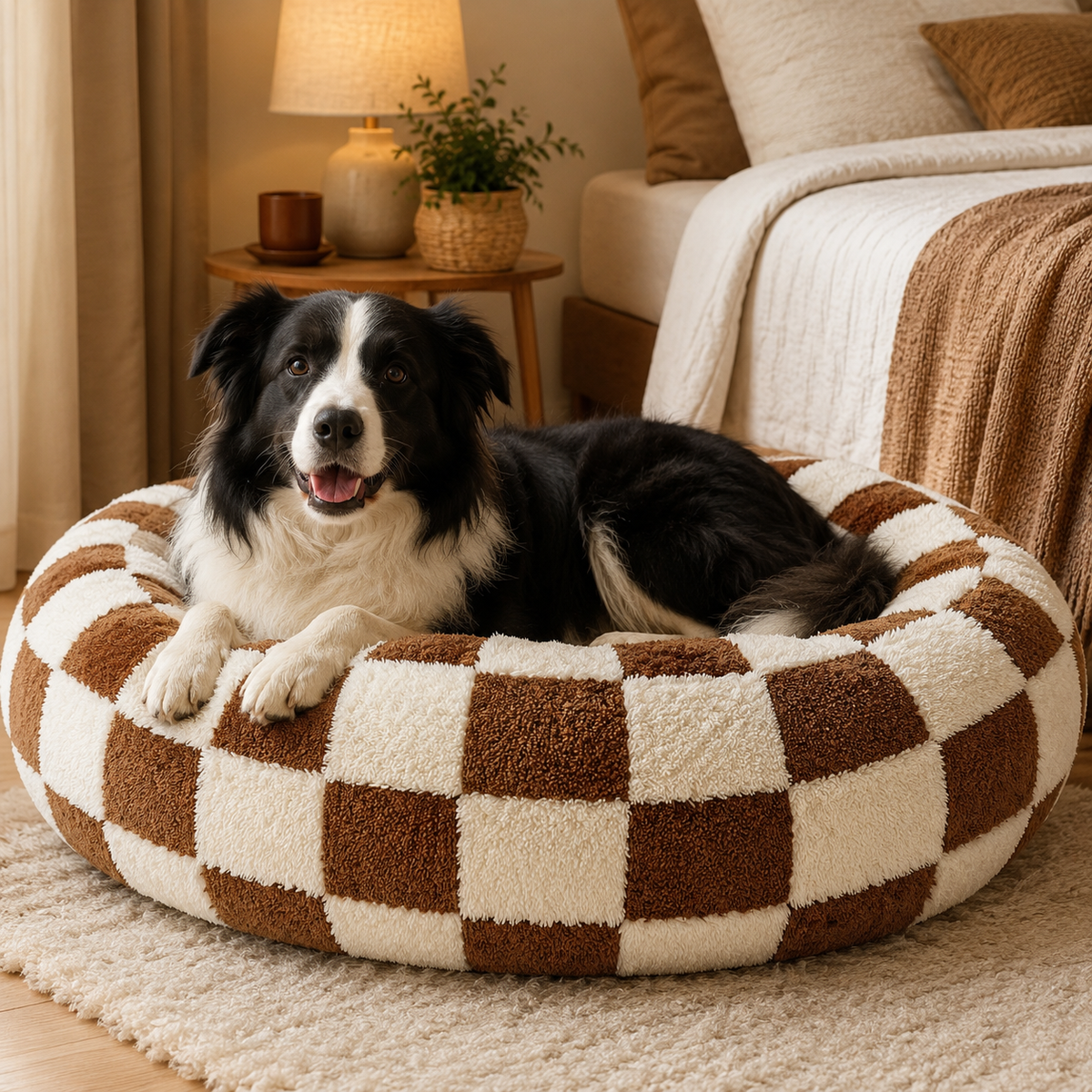 Coffee Plaid Plush Donut Pet Bed – Round Dog & Cat Bed with Raised Rim, Cozy Calming Cushion, Washable, 50cm
