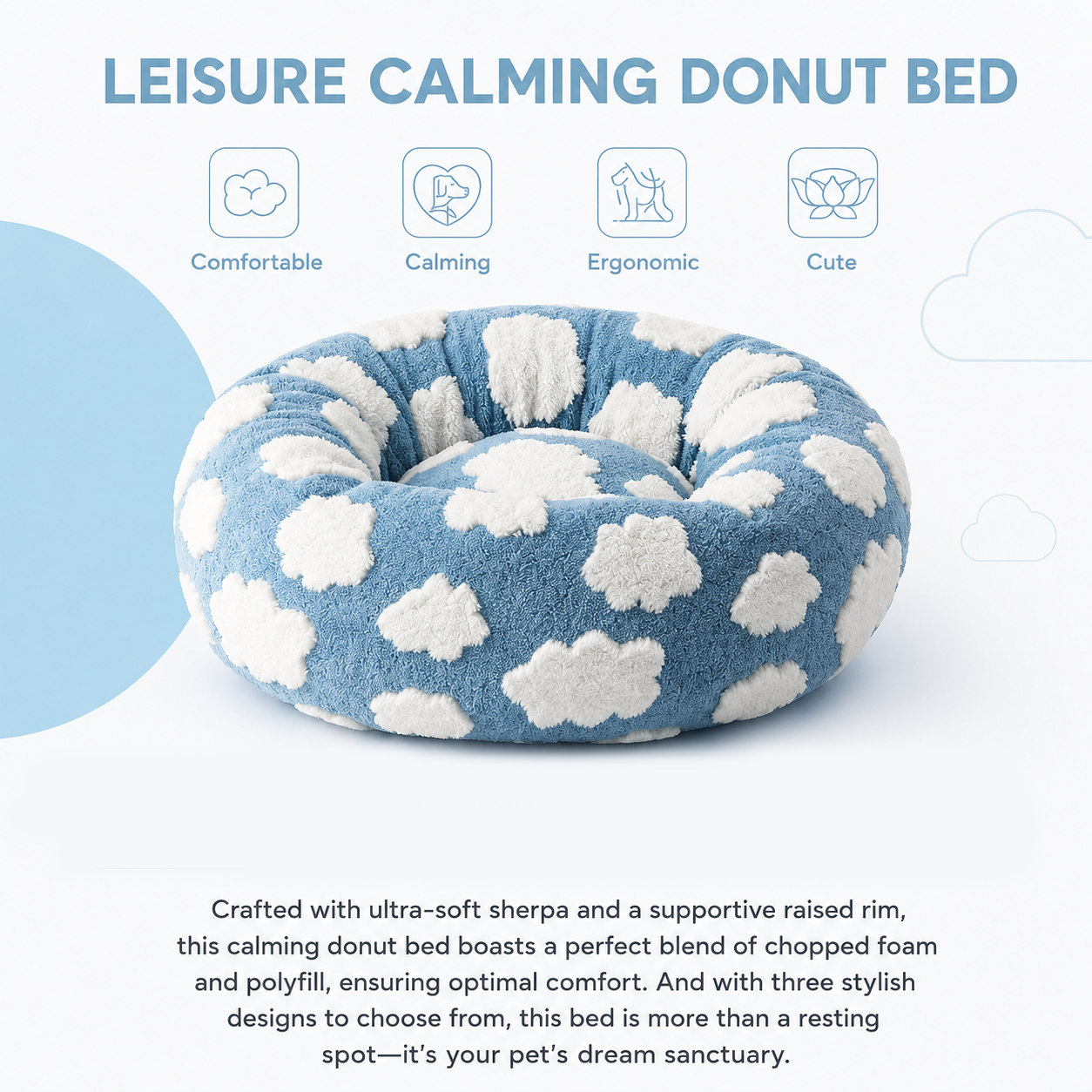 Coffee Plaid Plush Donut Pet Bed – Round Dog & Cat Bed with Raised Rim, Cozy Calming Cushion, Washable, 50cm