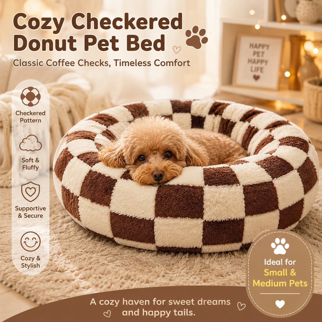 Coffee Plaid Plush Donut Pet Bed – Round Dog & Cat Bed with Raised Rim, Cozy Calming Cushion, Washable, 60cm