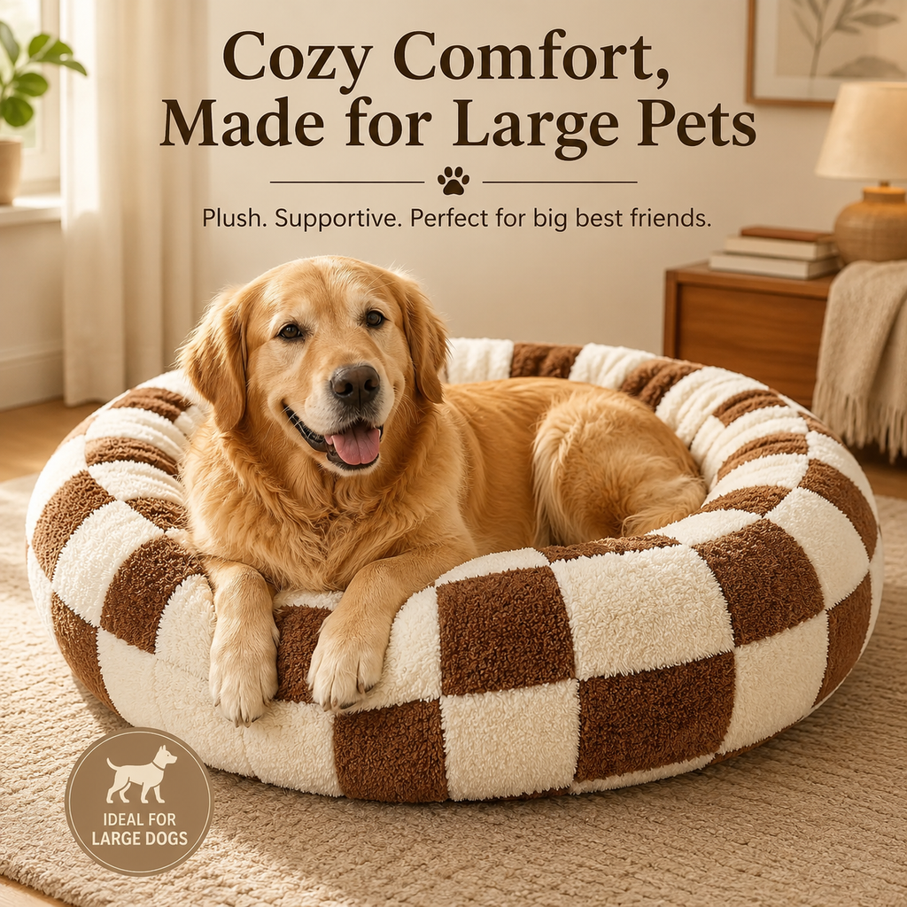 Plush Donut Pet Bed with Raised Rim & Washable Cover – Coffee Plaid, 80cm