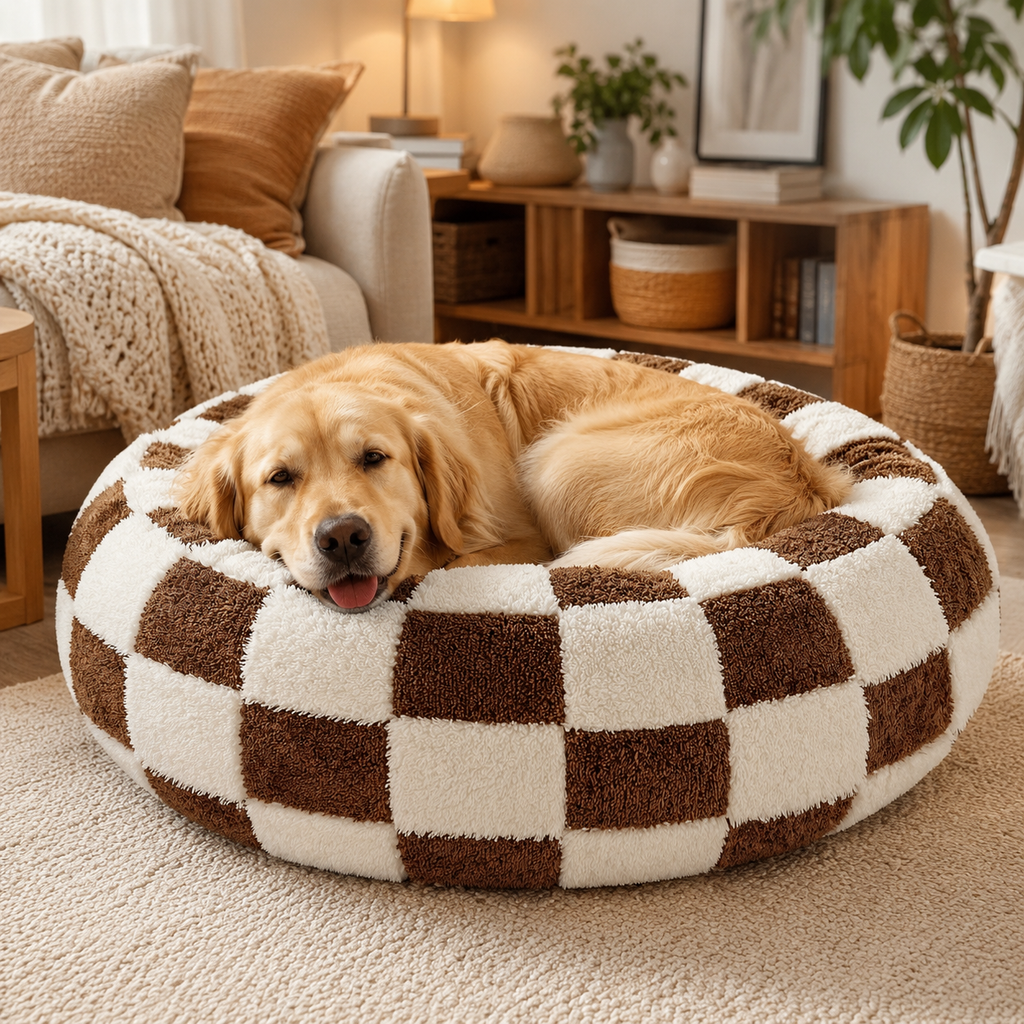 Plush Donut Pet Bed with Raised Rim & Washable Cover – Coffee Plaid, 100cm
