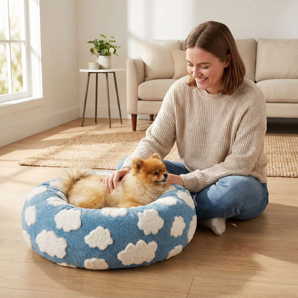Plush Donut Pet Bed with Raised Rim & Washable Cover – Blue Cloud, 50cm