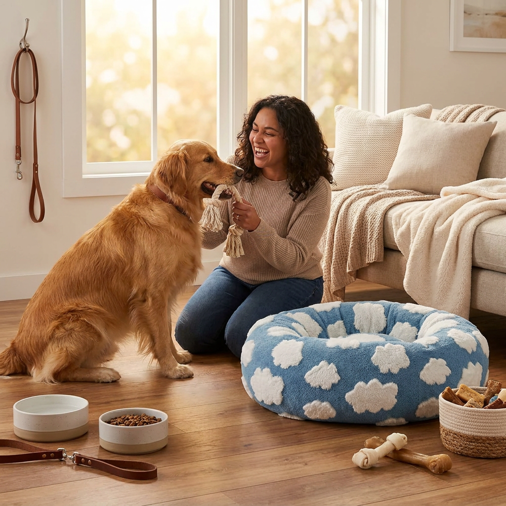 Plush Donut Pet Bed with Raised Rim & Washable Cover – Blue Cloud, 50cm