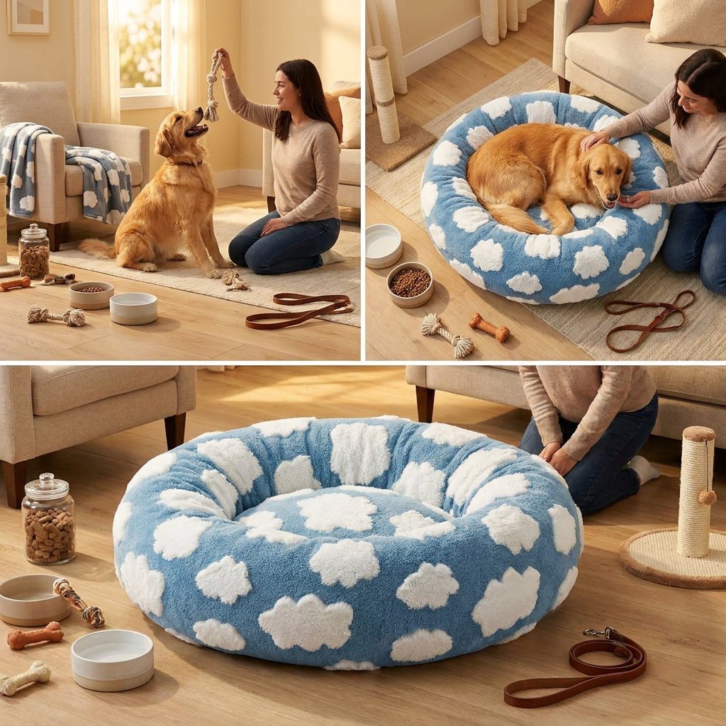 Plush Donut Pet Bed with Raised Rim & Washable Cover – Blue Cloud, 50cm