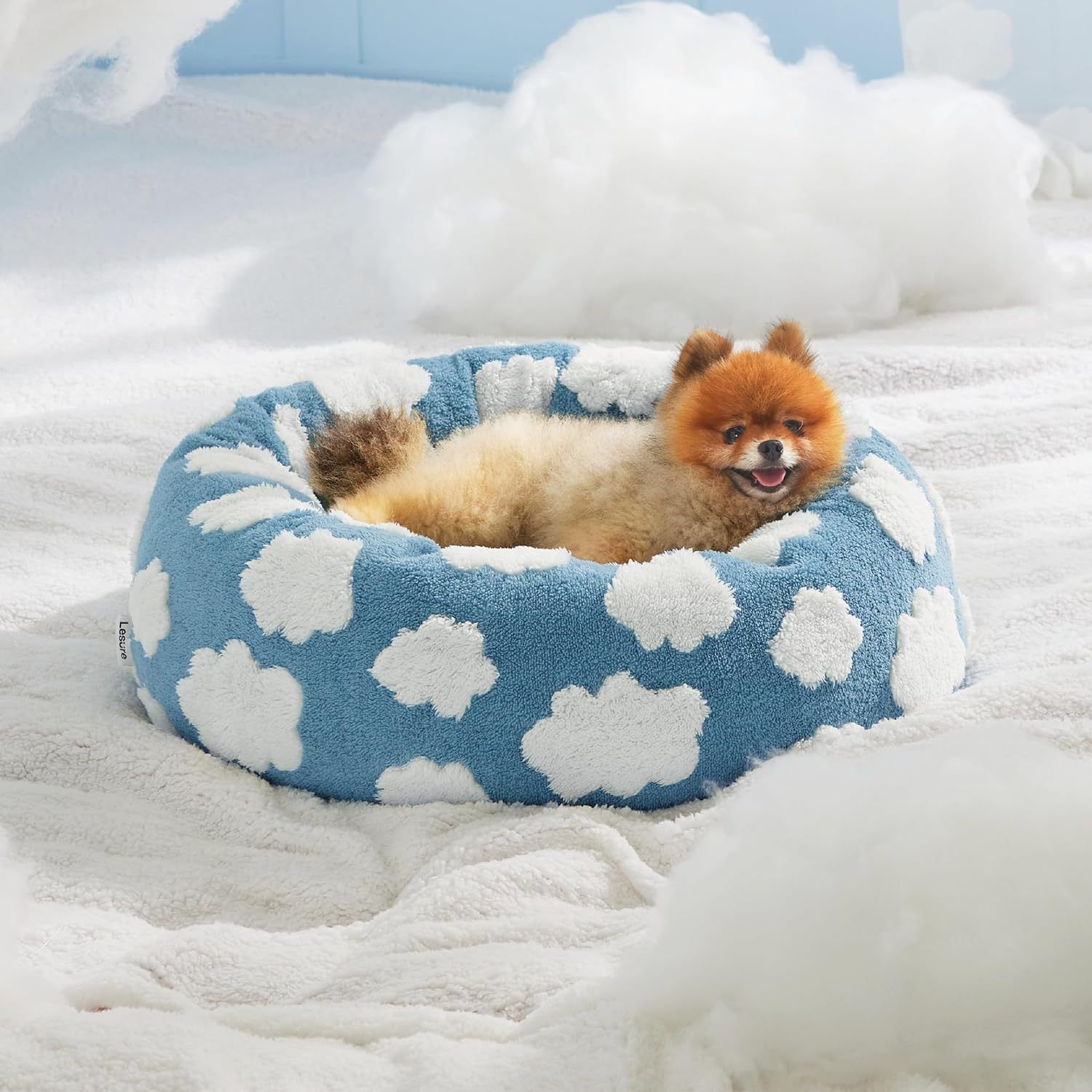 Plush Donut Pet Bed with Raised Rim & Washable Cover – Blue Cloud, 60cm