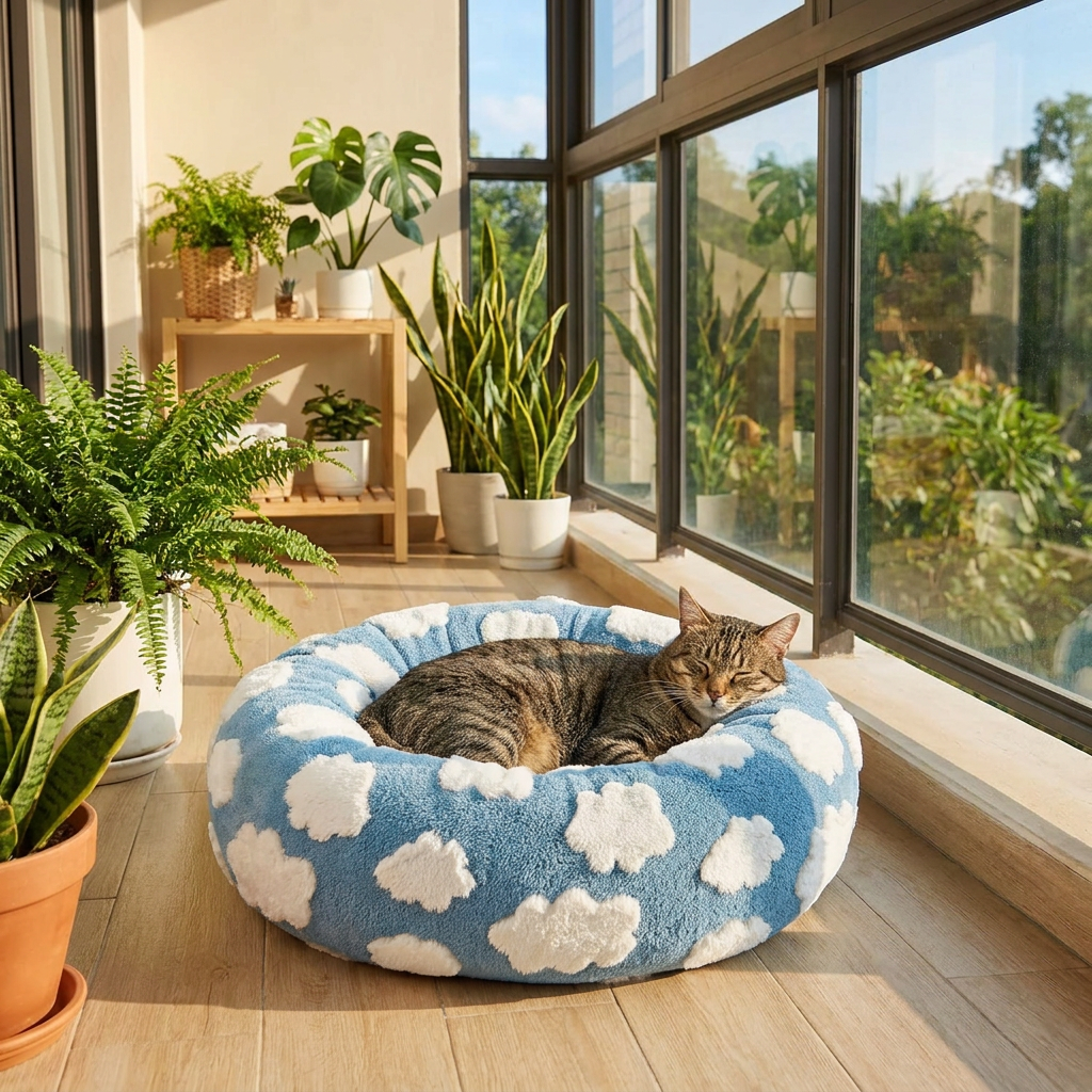 Plush Donut Pet Bed with Raised Rim & Washable Cover – Blue Cloud, 40cm