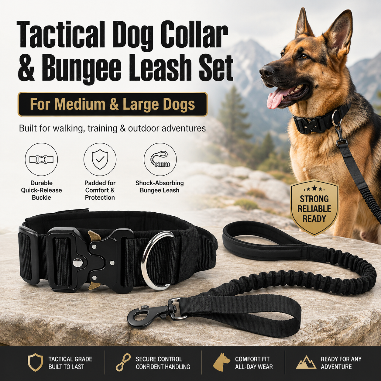 Black Tactical Dog Collar & Bungee Lead Set – Padded Quick Release Collar, Control Handle & Shock-Absorbing Leash – M