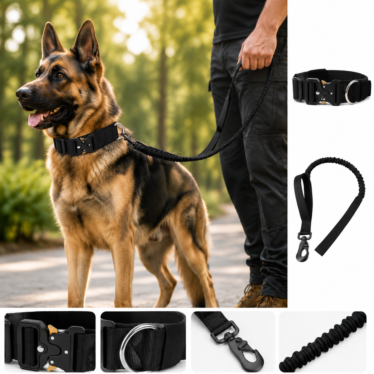 Black Tactical Dog Collar & Bungee Lead Set – Padded Quick Release Collar, Control Handle & Shock-Absorbing Leash – M