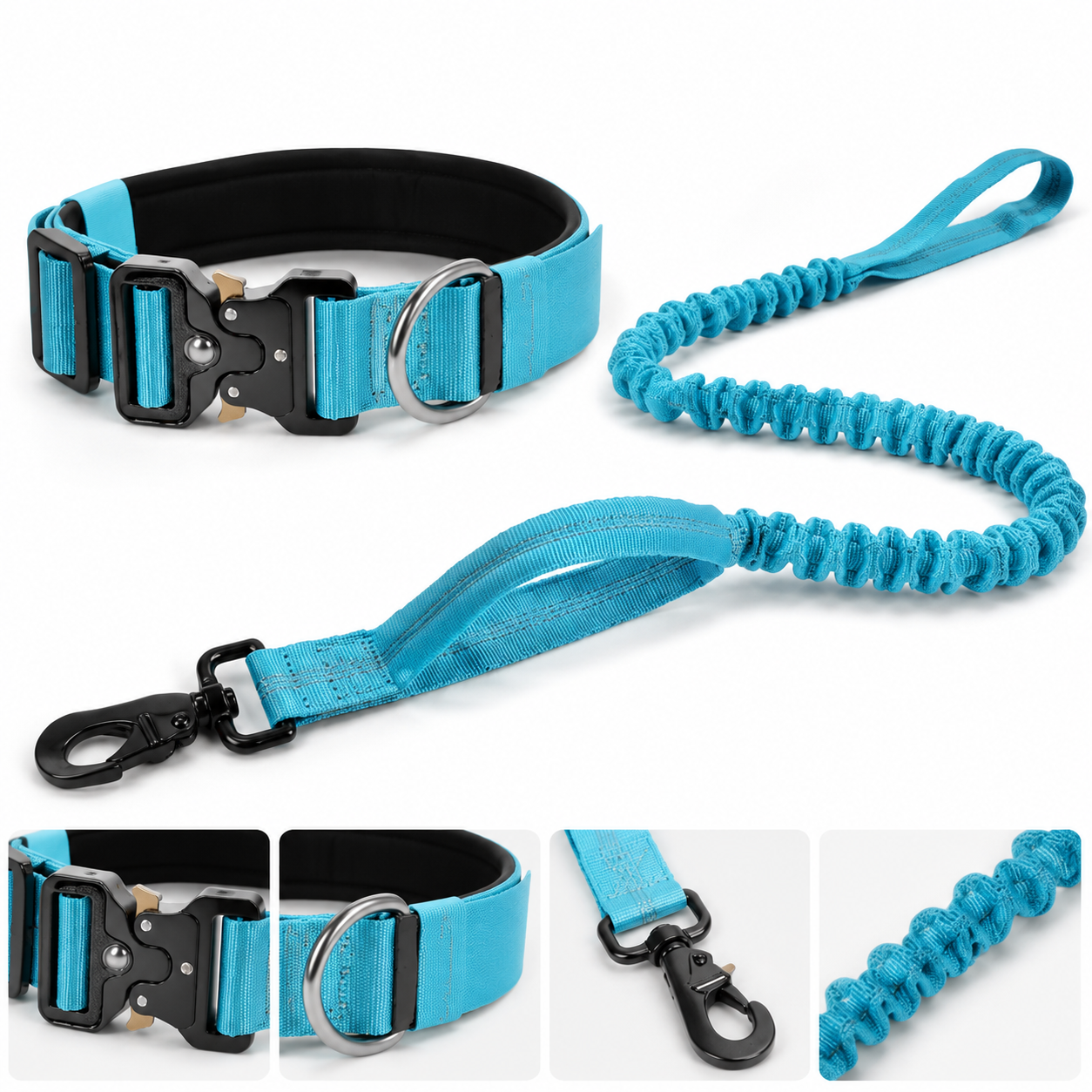 Blue Tactical Dog Collar & Bungee Lead Set – Padded Quick Release Collar, Control Handle & Shock-Absorbing Leash – M