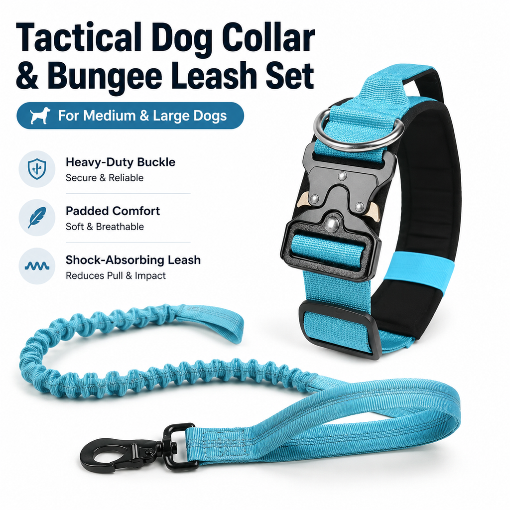 Blue Tactical Dog Collar & Bungee Lead Set – Padded Quick Release Collar, Control Handle & Shock-Absorbing Leash – L