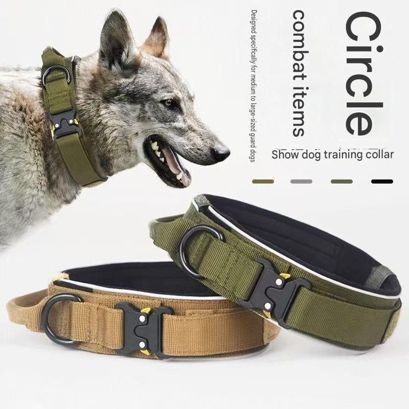 Blue Tactical Dog Collar – Padded Nylon, Quick Release Metal Buckle, Control Handle & D-Ring – M