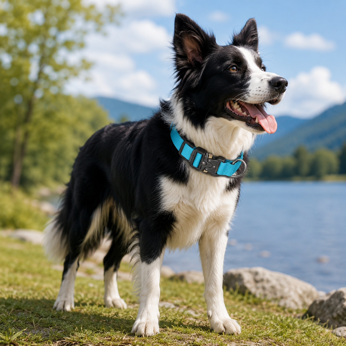 Blue Tactical Dog Collar – Padded Nylon, Quick Release Metal Buckle, Control Handle & D-Ring – L