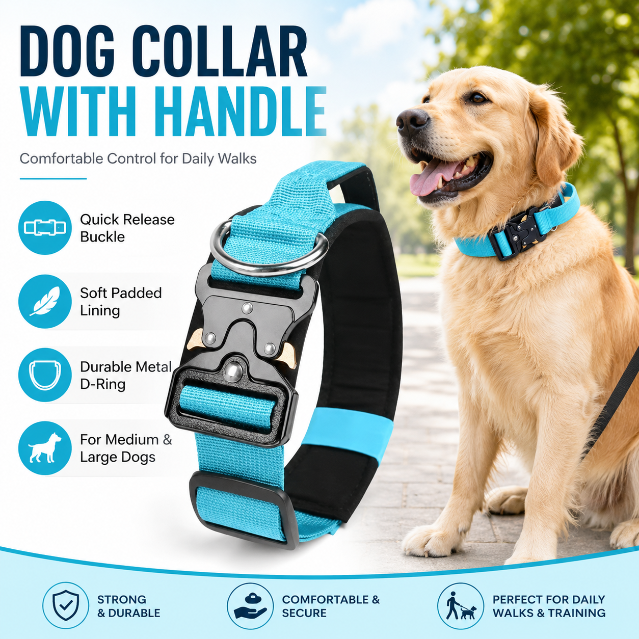Blue Tactical Dog Collar – Padded Nylon, Quick Release Metal Buckle, Control Handle & D-Ring – XL