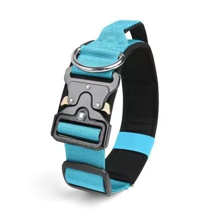 Blue Tactical Dog Collar – Padded Nylon, Quick Release Metal Buckle, Control Handle & D-Ring – XL