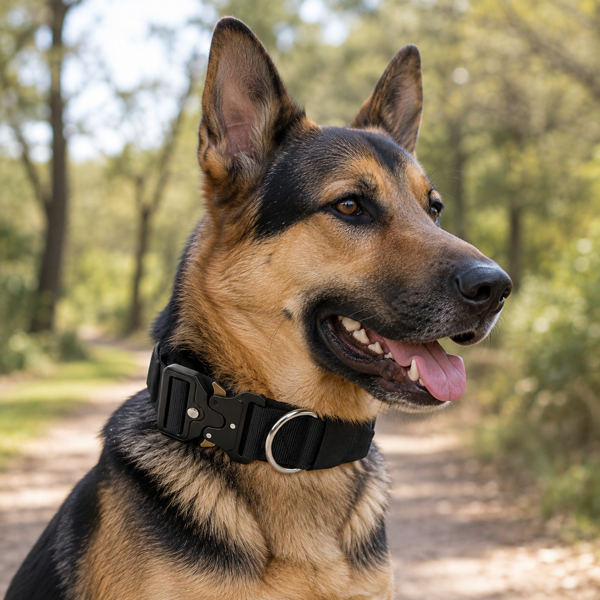 Black Tactical Dog Collar – Padded Nylon, Quick Release Metal Buckle, Control Handle & D-Ring – M