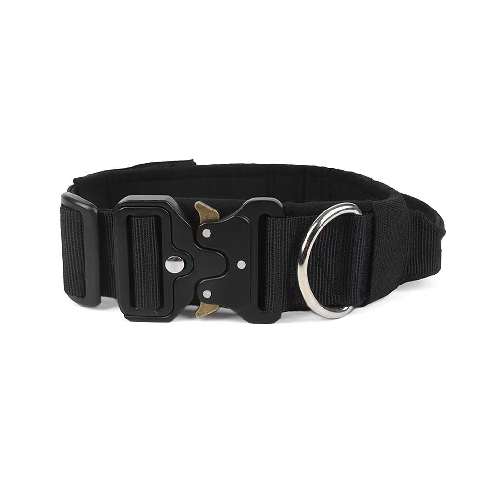 Black Tactical Dog Collar – Padded Nylon, Quick Release Metal Buckle, Control Handle & D-Ring – M