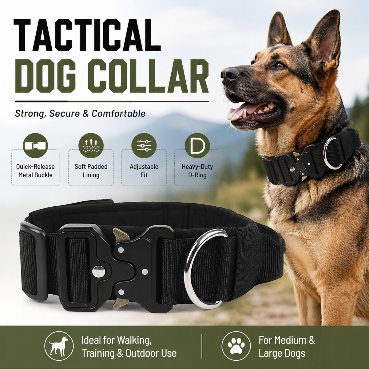 Black Tactical Dog Collar – Padded Nylon, Quick Release Metal Buckle, Control Handle & D-Ring – XL