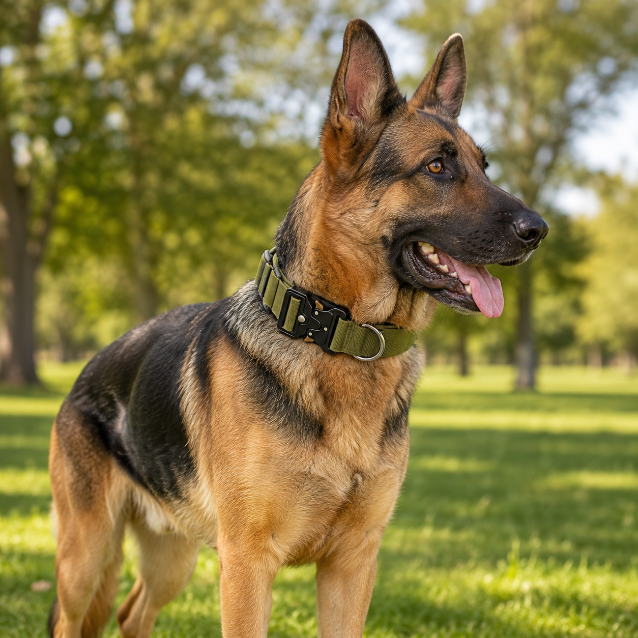 Green Tactical Dog Collar – Padded Nylon, Quick Release Metal Buckle, Control Handle & D-Ring – M