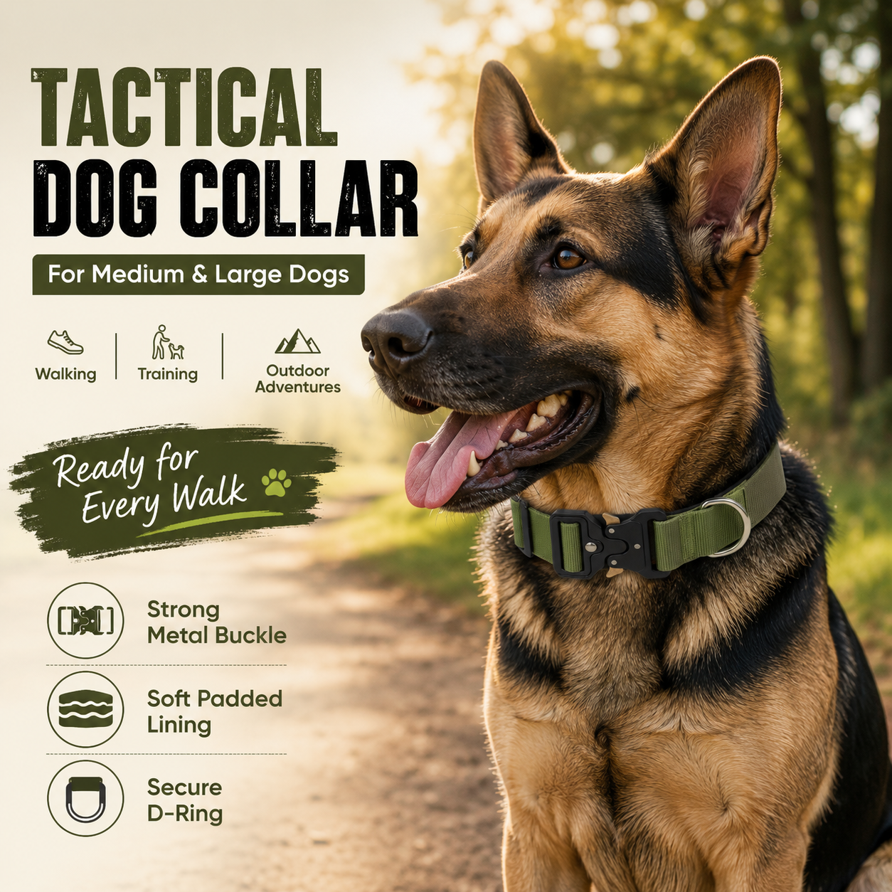Green Tactical Dog Collar – Padded Nylon, Quick Release Metal Buckle, Control Handle & D-Ring – L