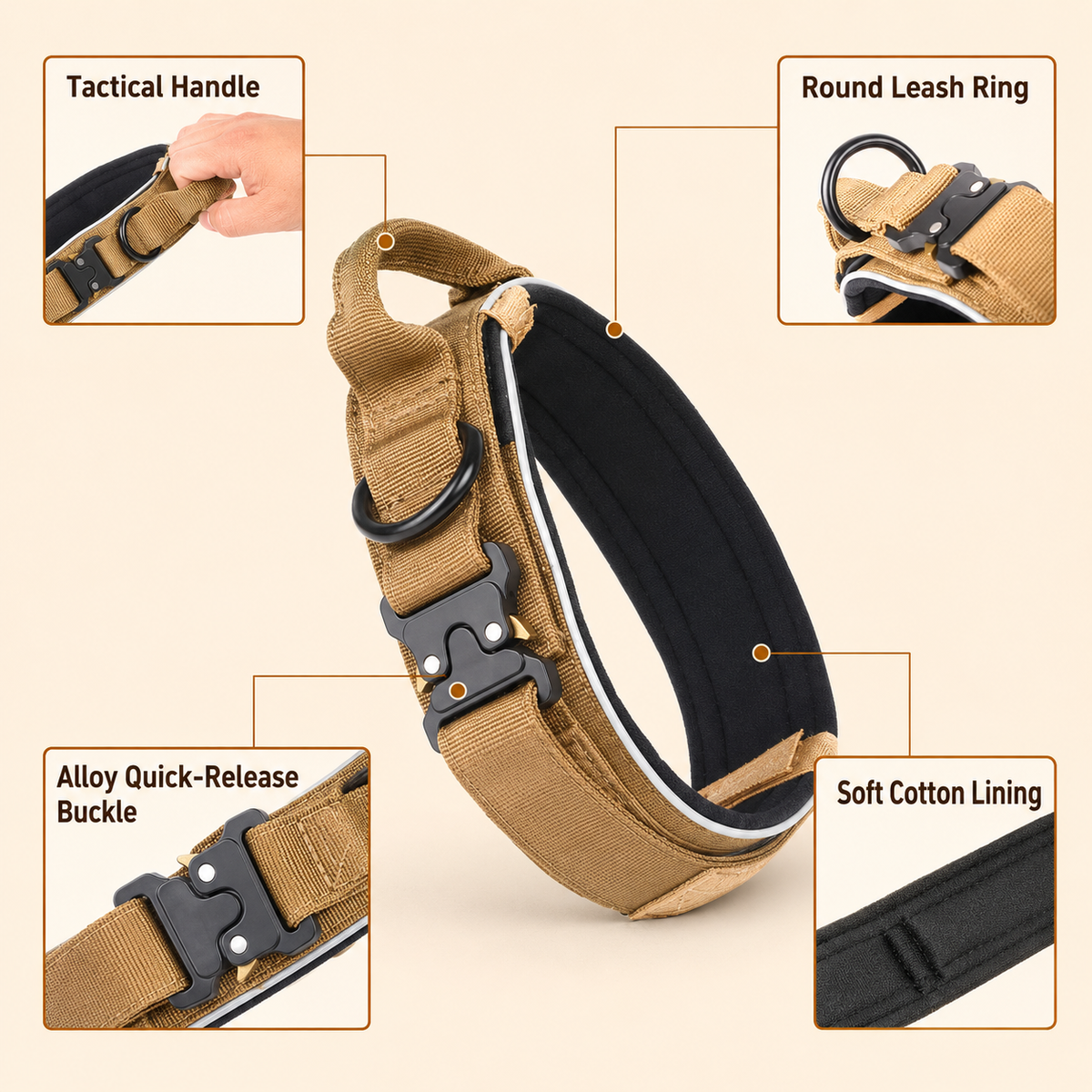 Green Tactical Dog Collar – Padded Nylon, Quick Release Metal Buckle, Control Handle & D-Ring – L