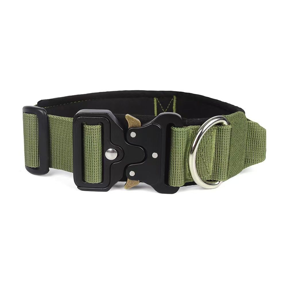 Green Tactical Dog Collar – Padded Nylon, Quick Release Metal Buckle, Control Handle & D-Ring – L