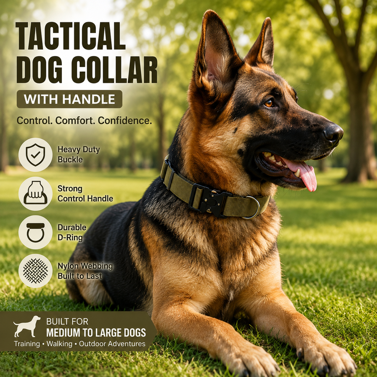 Khaki Tactical Dog Collar – Padded Nylon, Quick Release Metal Buckle, Control Handle & D-Ring – L