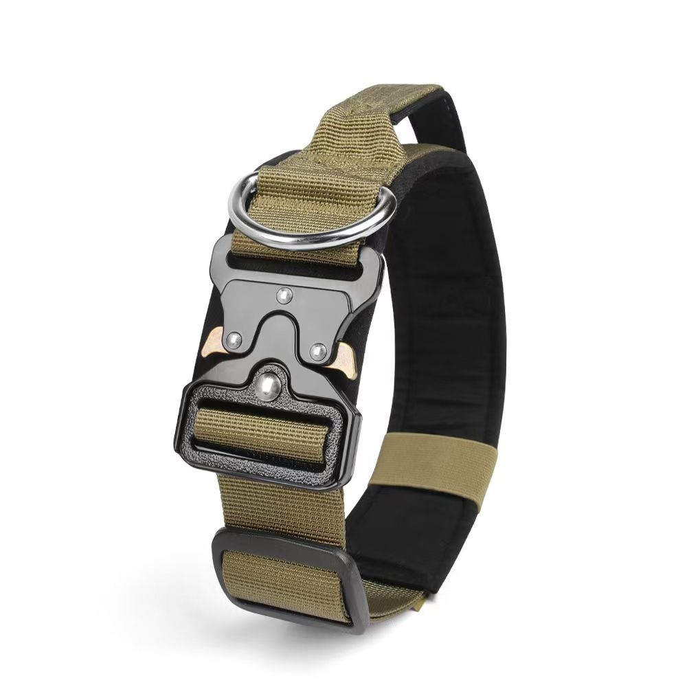 Khaki Tactical Dog Collar – Padded Nylon, Quick Release Metal Buckle, Control Handle & D-Ring – L