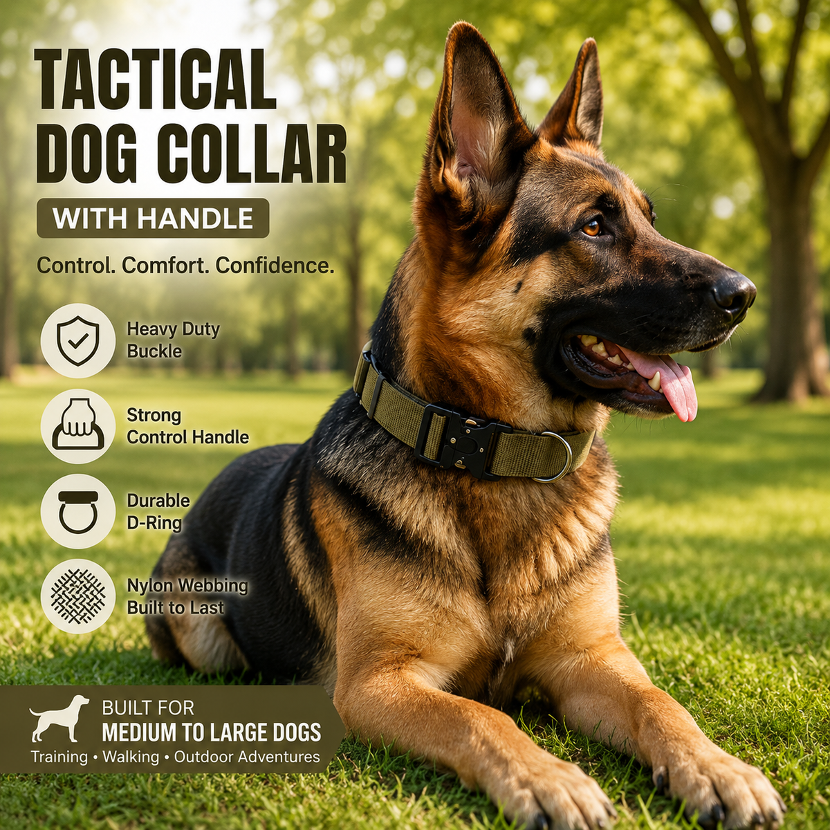 Khaki Tactical Dog Collar – Padded Nylon, Quick Release Metal Buckle, Control Handle & D-Ring – XL
