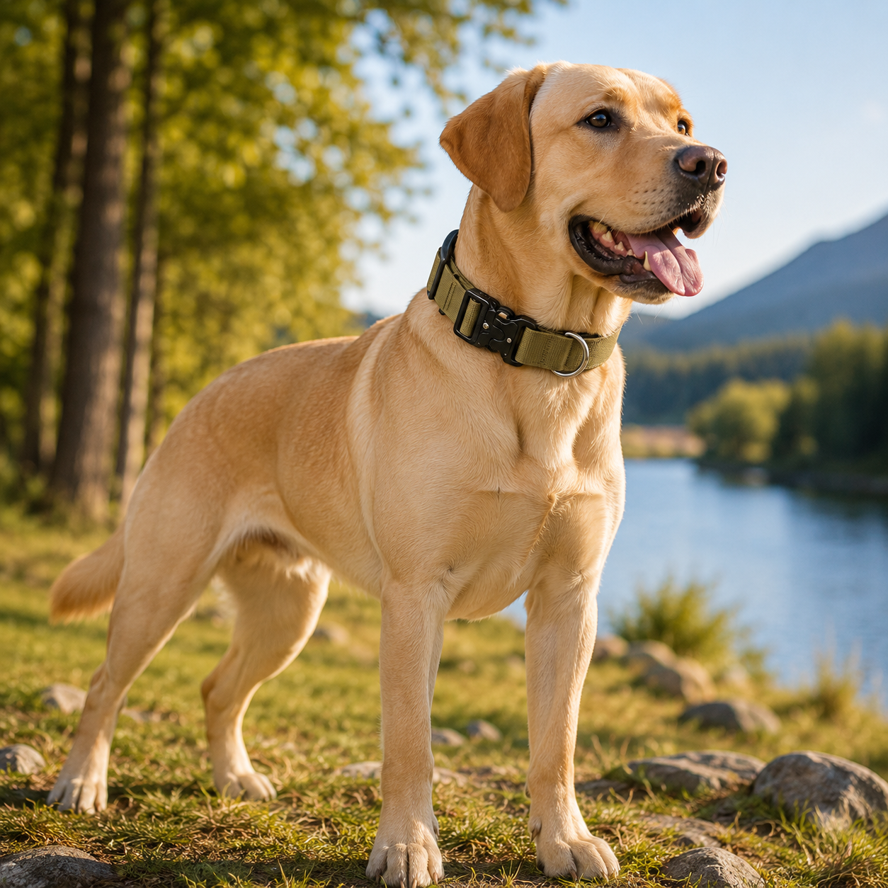 Khaki Tactical Dog Collar – Padded Nylon, Quick Release Metal Buckle, Control Handle & D-Ring – XL