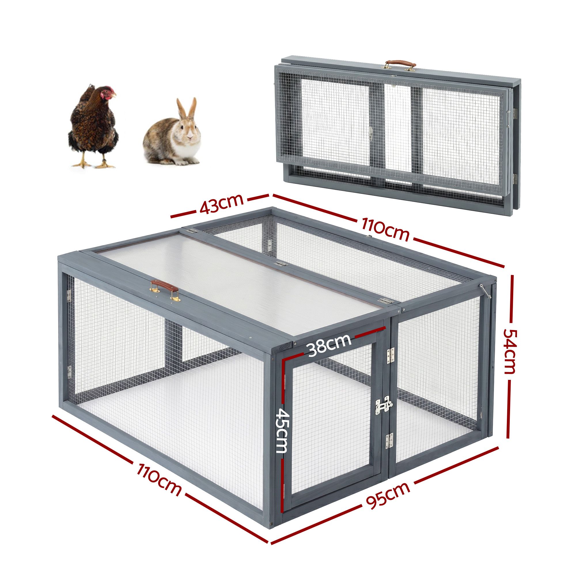i.Pet Chicken Coop Large Portable Wooden Rabbit Run Cage Hutch Outdoor Folding Hen House 110cm - Image 2