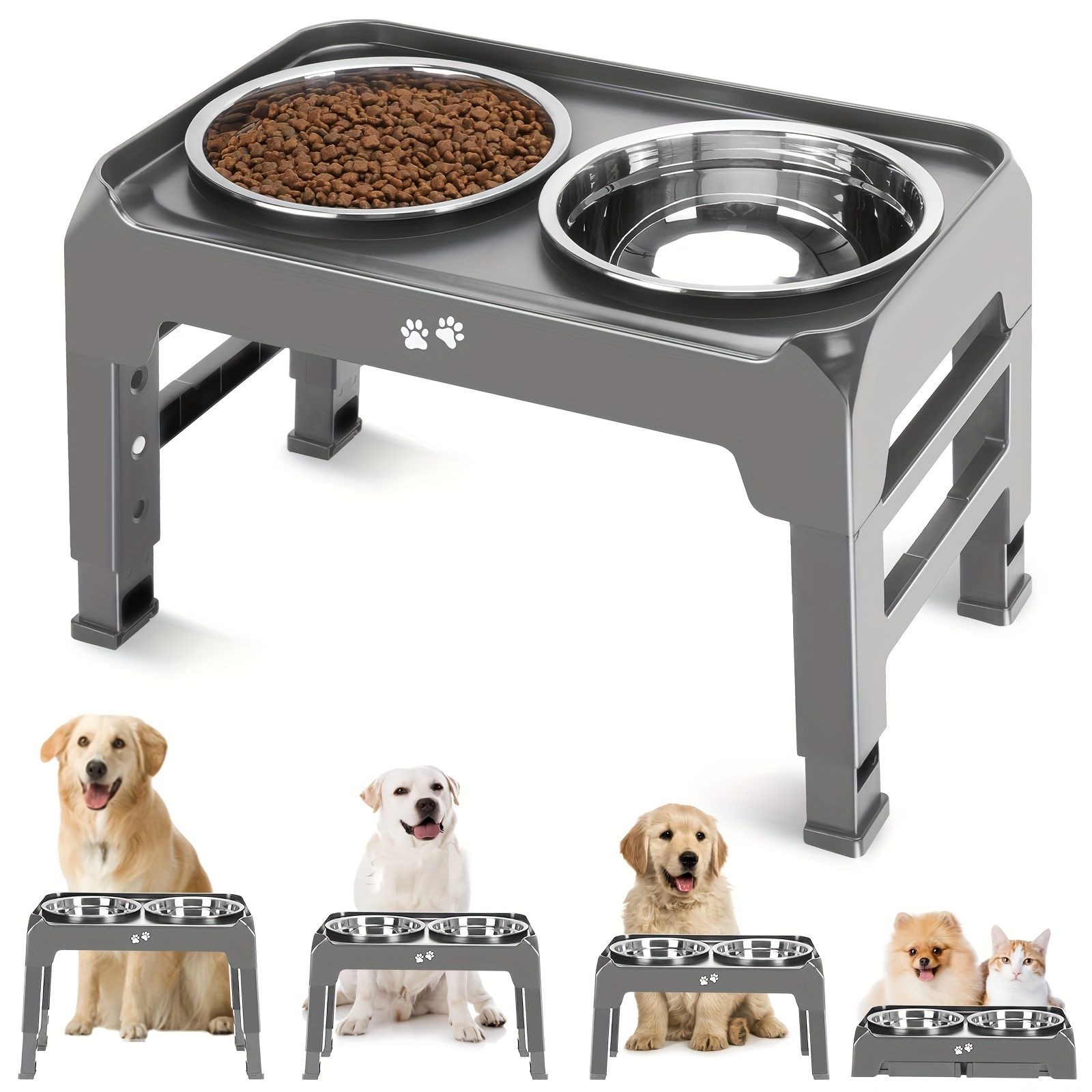 Gray Black dog feeder, elevated dog feeder, double bowl dog feeder, stainless steel dog bowls, ergonomic pet feeder, anti-slip dog bowl stand - Image 2