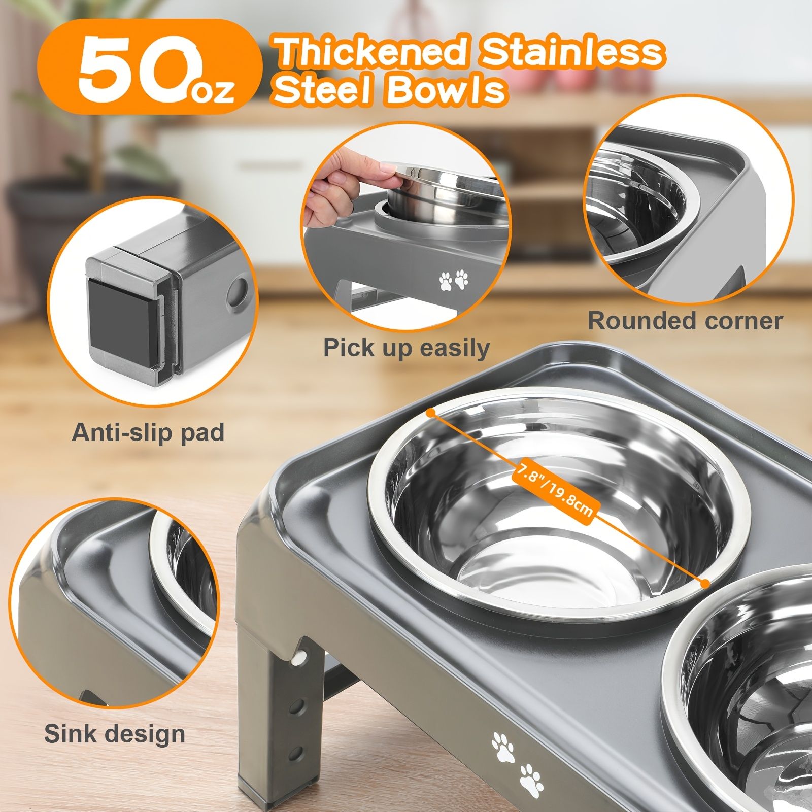 Gray Black dog feeder, elevated dog feeder, double bowl dog feeder, stainless steel dog bowls, ergonomic pet feeder, anti-slip dog bowl stand - Image 8